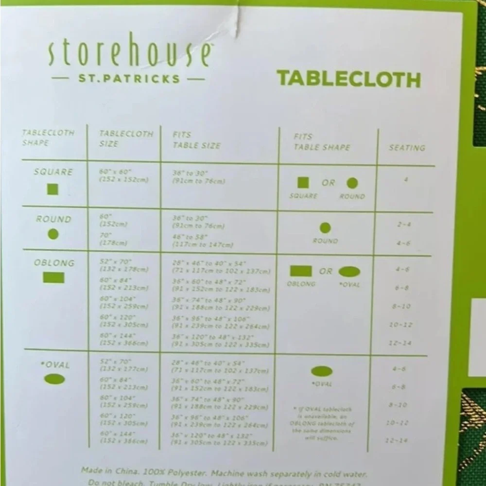 Storehouse St Patrick’s Green Pot Of Gold Clover Horeshoe Tablecloth 60”x84”